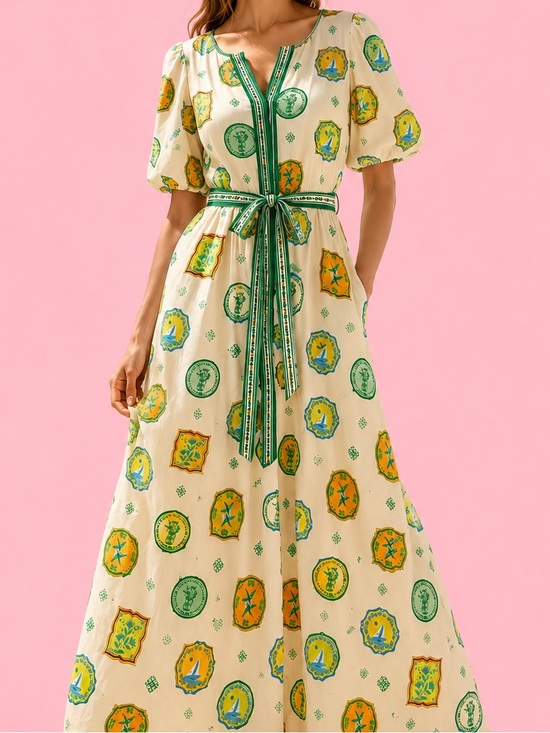 Rachel Zoe Dresses & Skirts - Rachel Zoe Mediterranean Print Linen Blend Belted Maxi Dress M